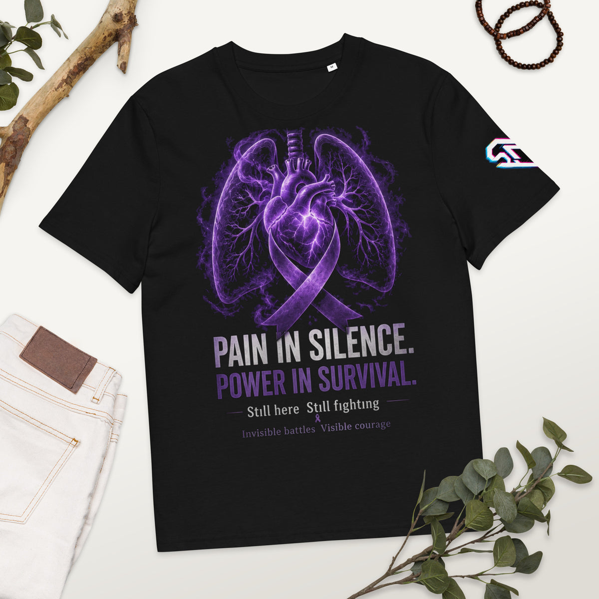 Black organic cotton tee, front view — Pain in Silence Power in Survival awareness tee