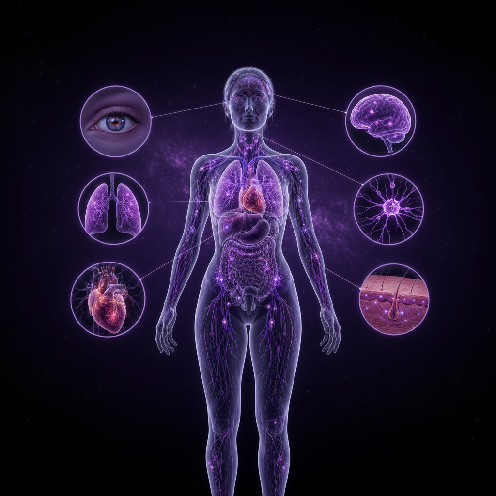 Cinematic overview of sarcoidosis affecting multiple parts of the body.
