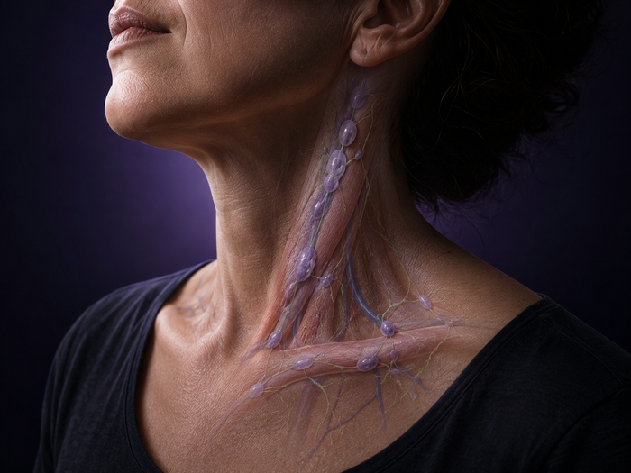 Cinematic medical image representing lymph node involvement in sarcoidosis.