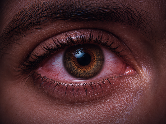 Cinematic medical image representing eye irritation and inflammation.