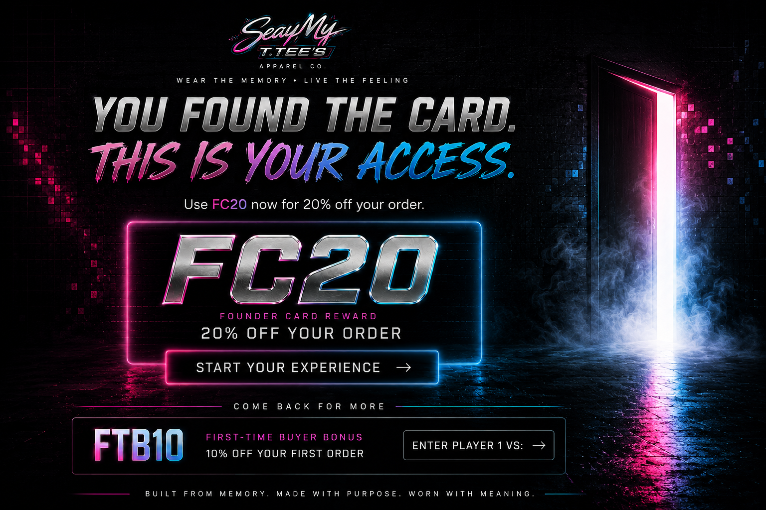 SeayMy T.Tee’s Apparel Co. business card reward landing page with FC20 founder card reward and FTB10 first-time buyer bonus.