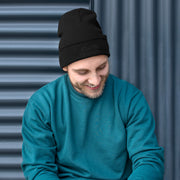 Black knit beanie with embroidered SeayMy T.Tee's SMT logo