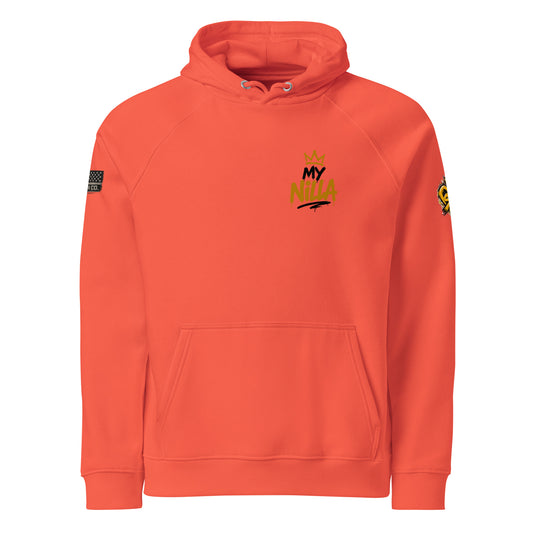 NILLA Special Edition eco raglan hoodie in burnt orange — front view