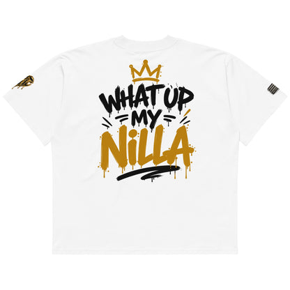 NILLA Drip Series Special Edition oversized tee in White, back view