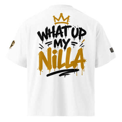 NILLA Drip Series Special Edition oversized tee in White, back view
