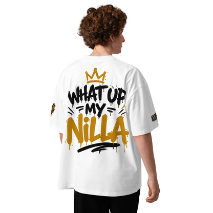NILLA Drip Series Special Edition oversized tee in White, back view