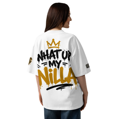 NILLA Drip Series Special Edition oversized tee in White, back view