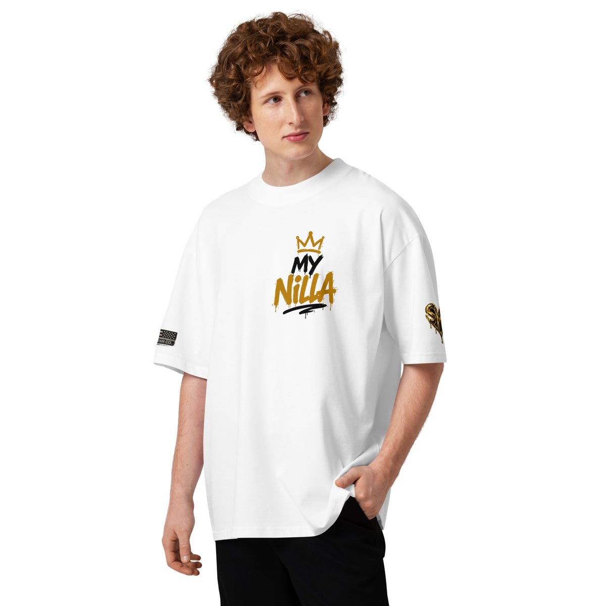 NILLA Drip Series Special Edition oversized tee in White, front view