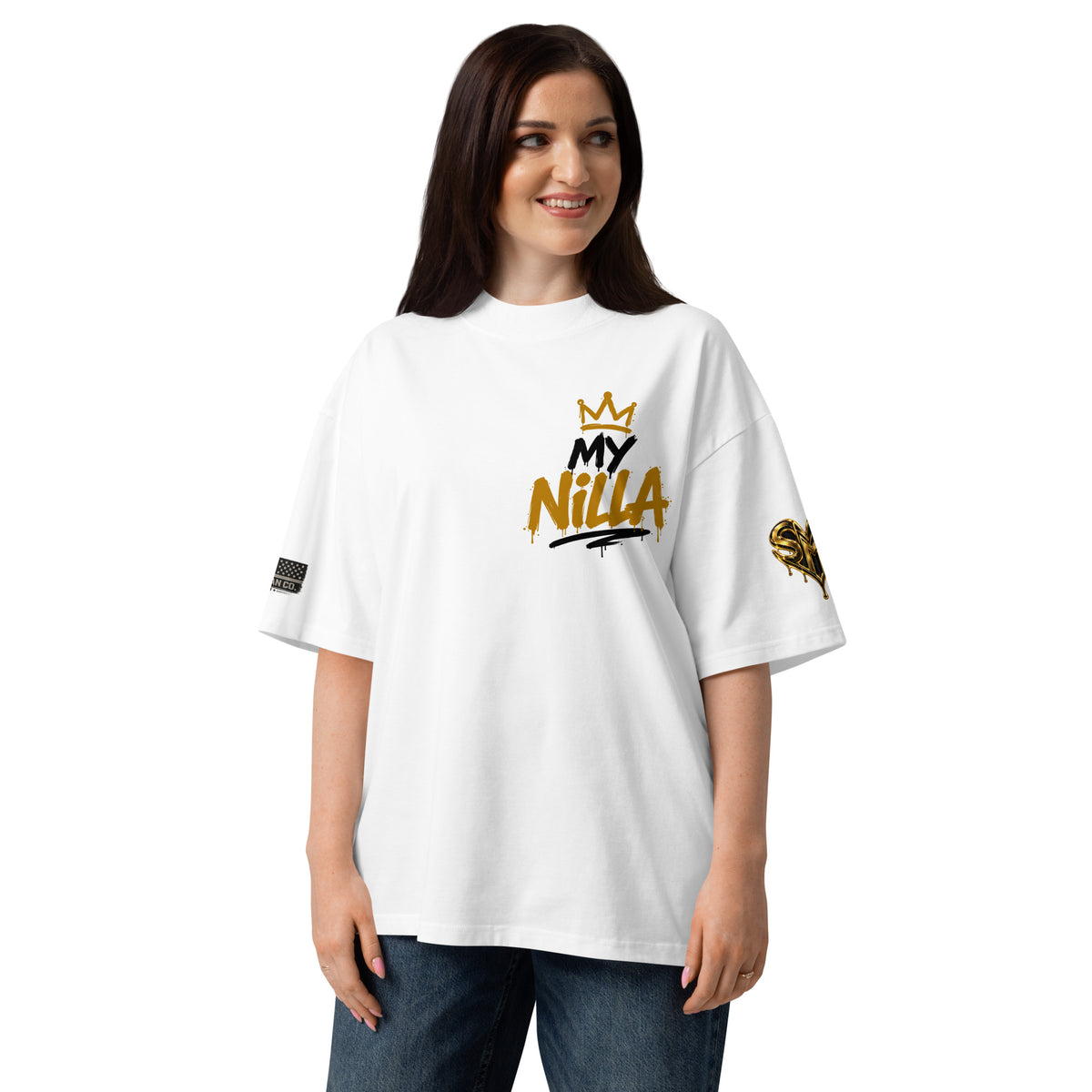 NILLA Drip Series Special Edition oversized tee in White, front view