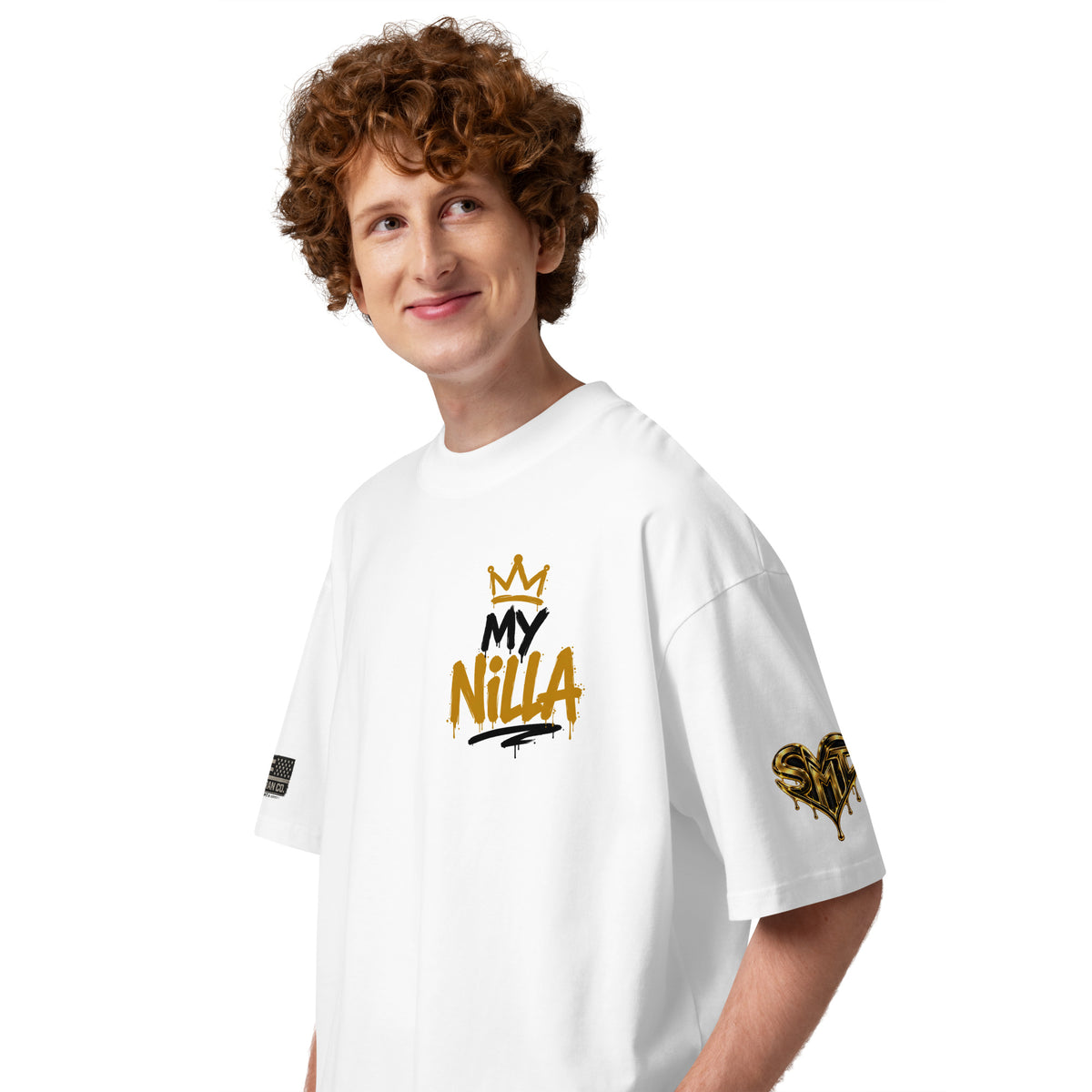 NILLA Drip Series Special Edition oversized tee in White, left side view