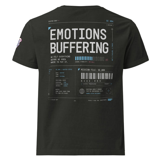 Emotions Buffering back graphic on washed black oversized garment-dyed tee — System Era