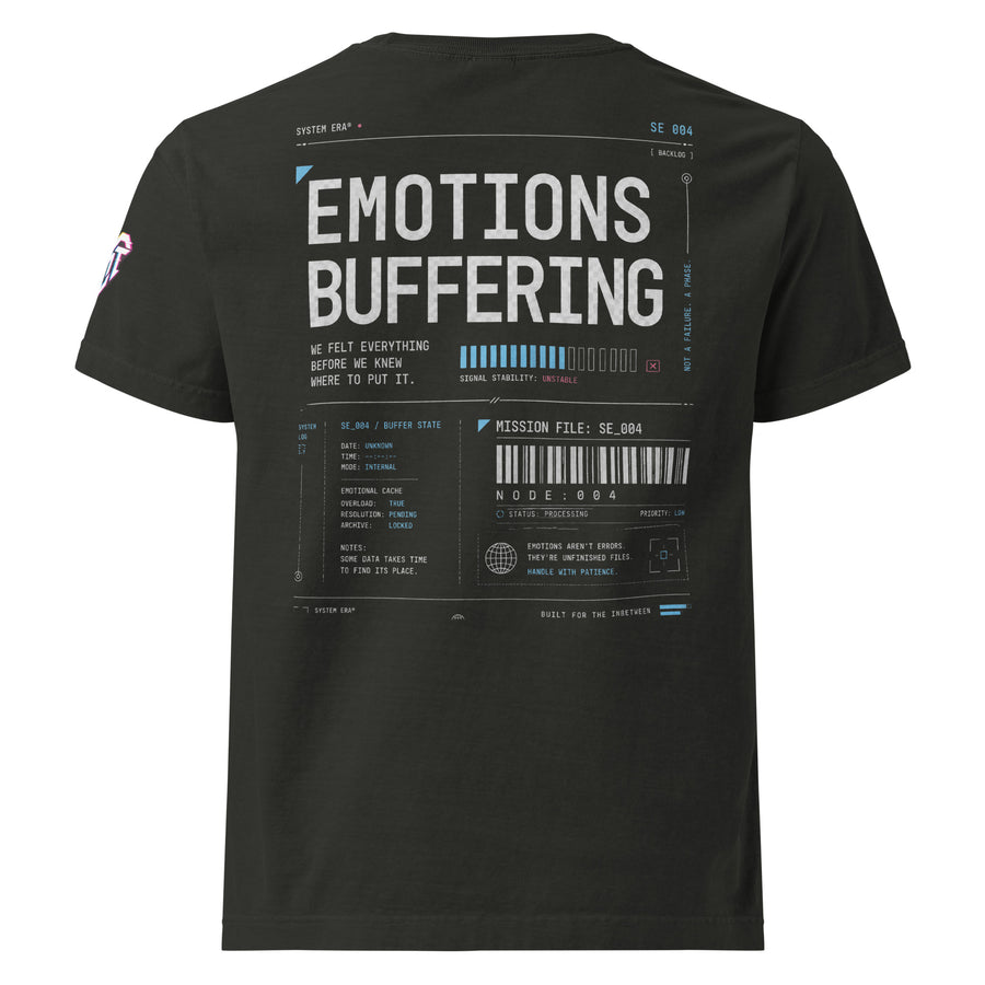 Emotions Buffering back graphic on washed black oversized garment-dyed tee — System Era