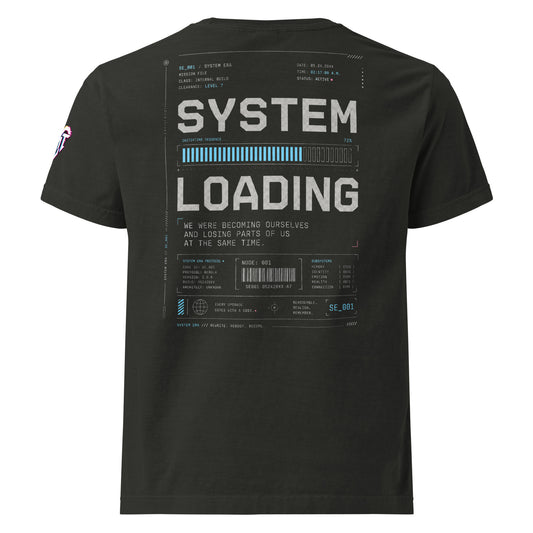 System Loading back graphic on washed black oversized garment-dyed tee — System Era