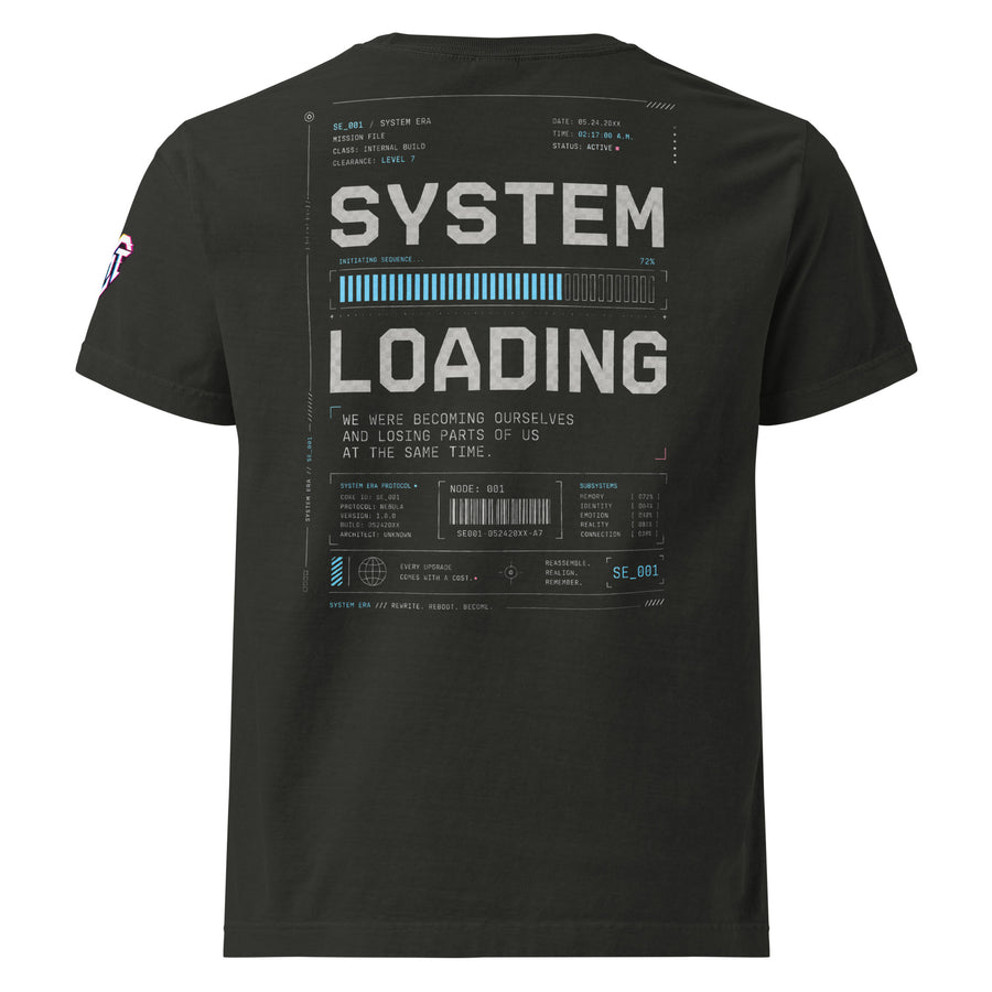 System Loading back graphic on washed black oversized garment-dyed tee — System Era