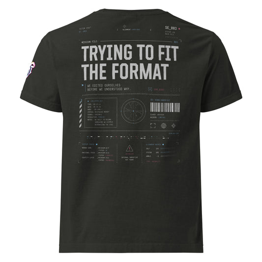 Trying to Fit the Format back print on washed black oversized garment-dyed tee — System Era