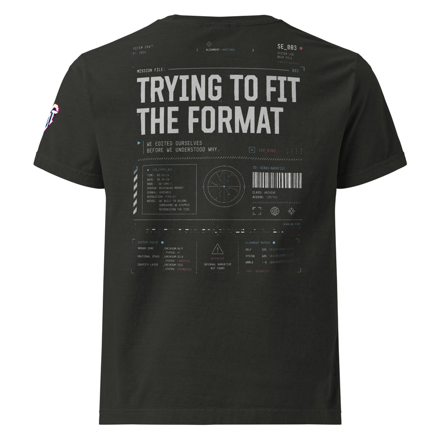 Trying to Fit the Format back print on washed black oversized garment-dyed tee — System Era