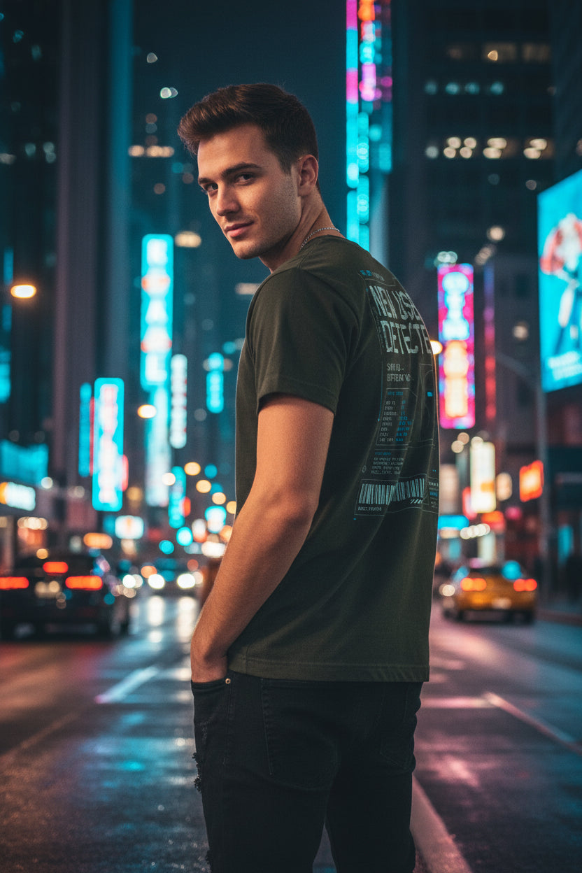 New User Detected back graphic on washed black oversized garment-dyed tee — System Era